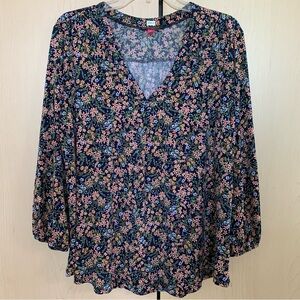 Vince Camuto Women's Long Sleeve V Neck Pullover Blouse Floral Navy Orange XL‎